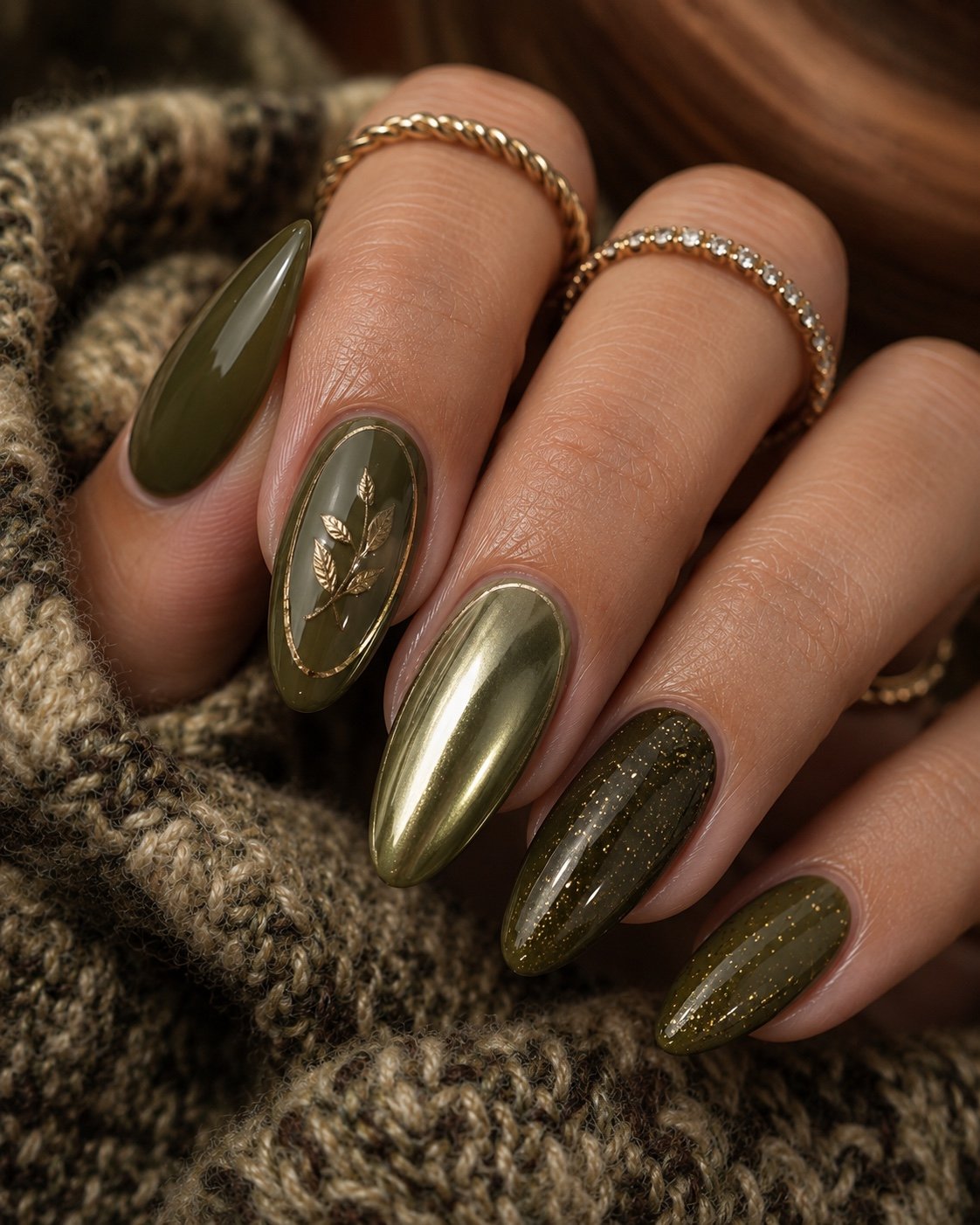 Olive green almond nails with gold chrome, botanical art and fine glitter