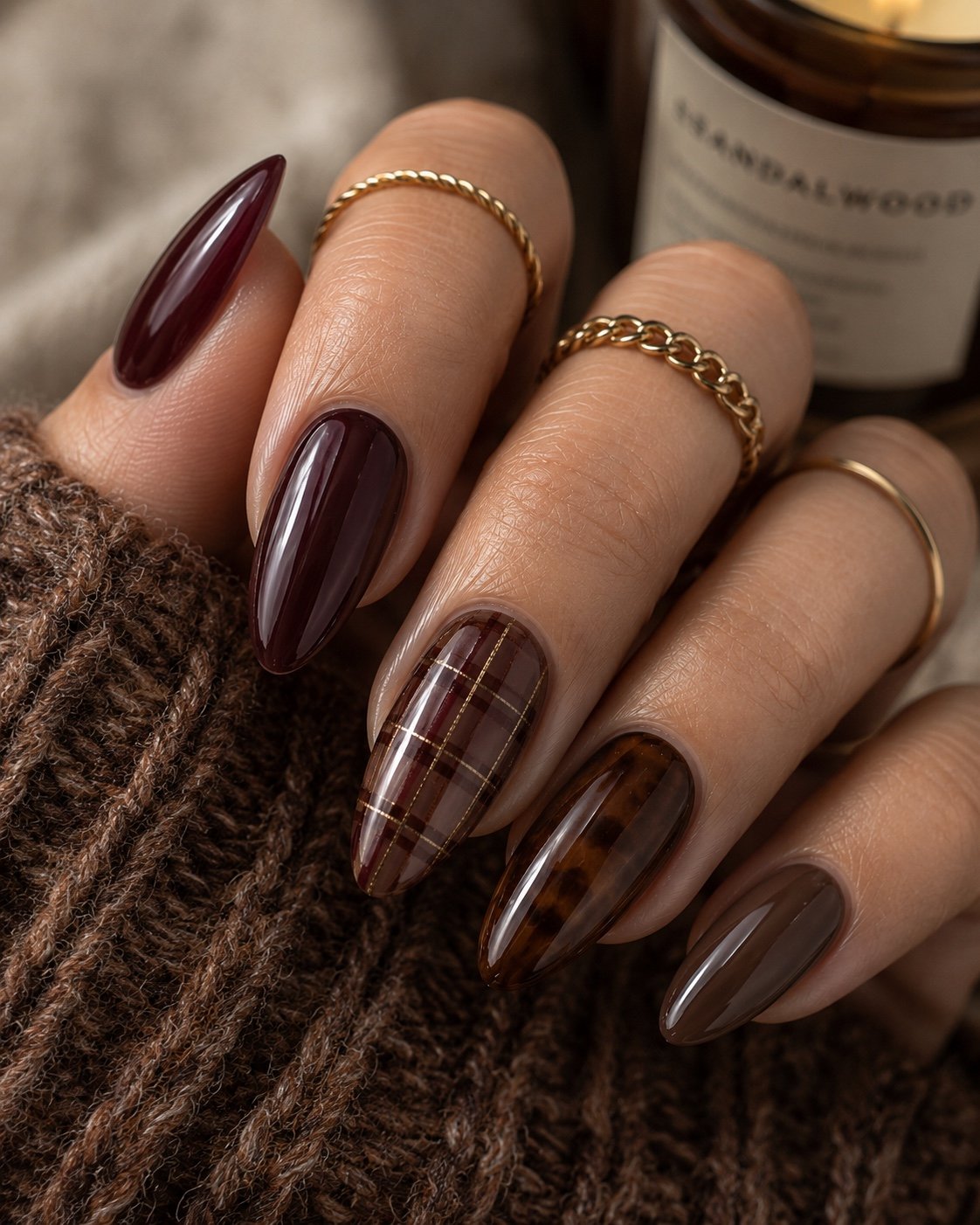 Burgundy almond nails with tortoiseshell, plaid and fine gold accents