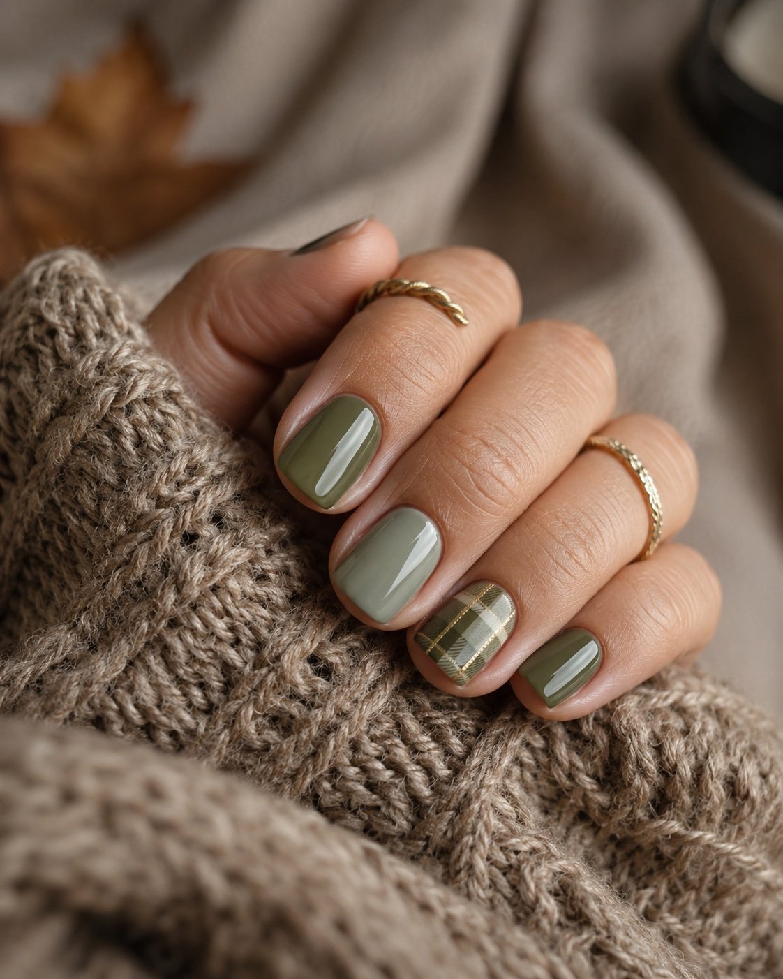 Short sage and olive fall nails with a cream plaid accent and gold lines