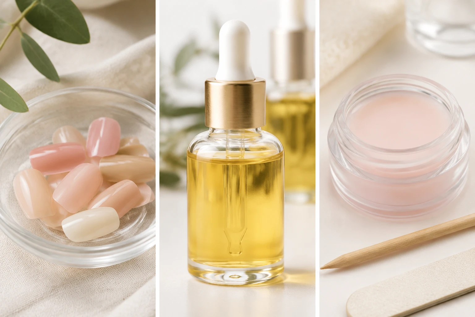 Press-on nails, cuticle oil and nail balm arranged for an at-home manicure.
