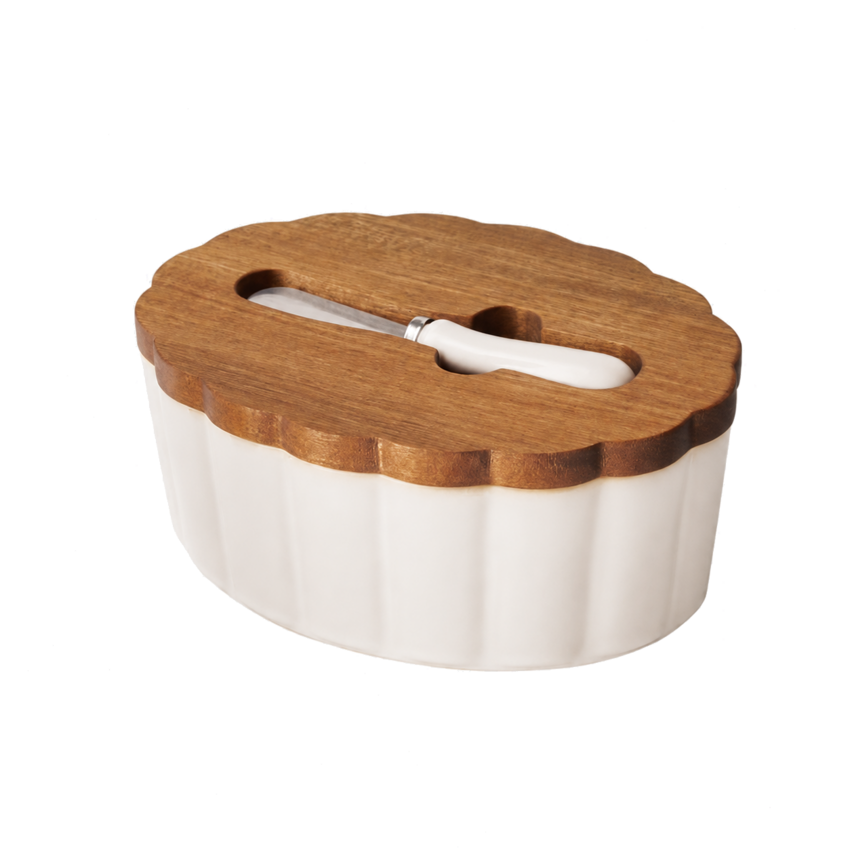White stoneware butter dish with scalloped wood lid