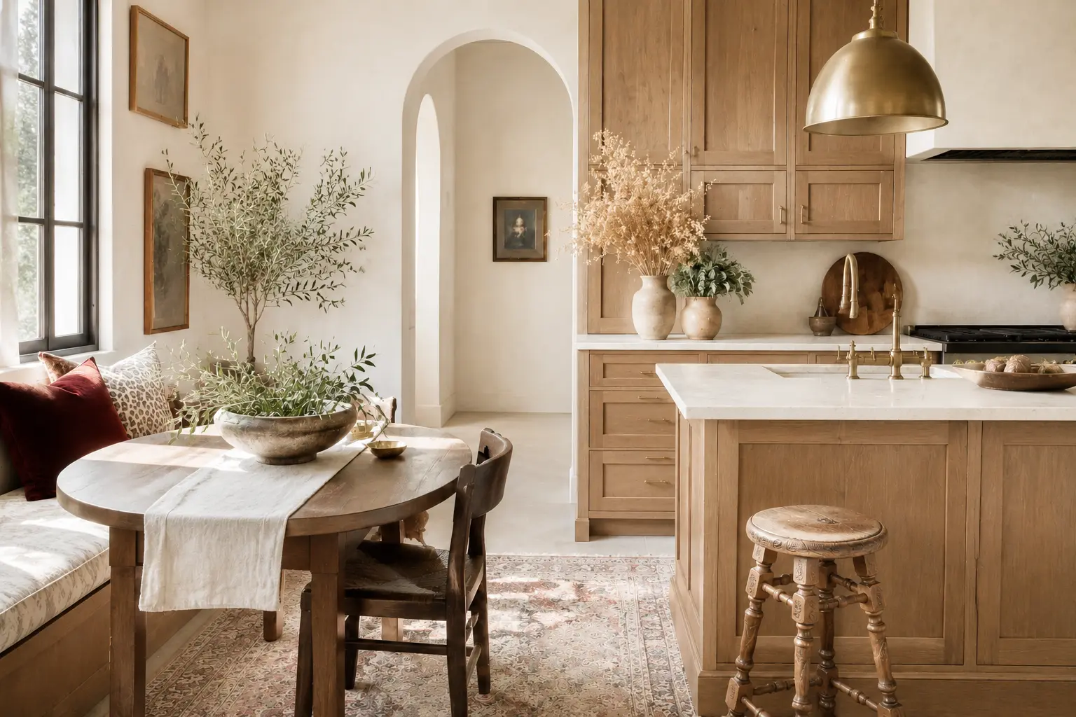 Sunlit cream and natural wood kitchen with vintage textiles and brass accents