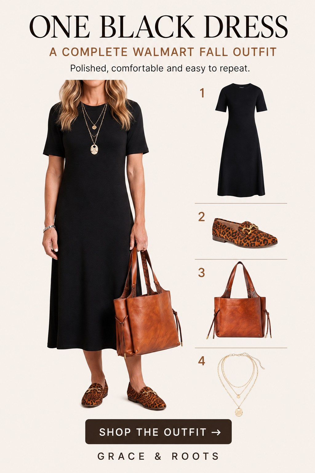 One black Walmart dress styled with leopard loafers, a cognac tote and layered gold necklaces