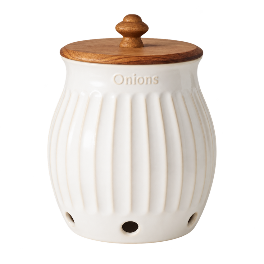 White fluted stoneware onion keeper with wood lid