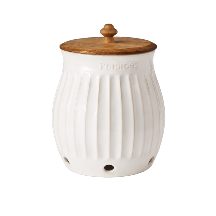 White fluted stoneware potato keeper with wood lid