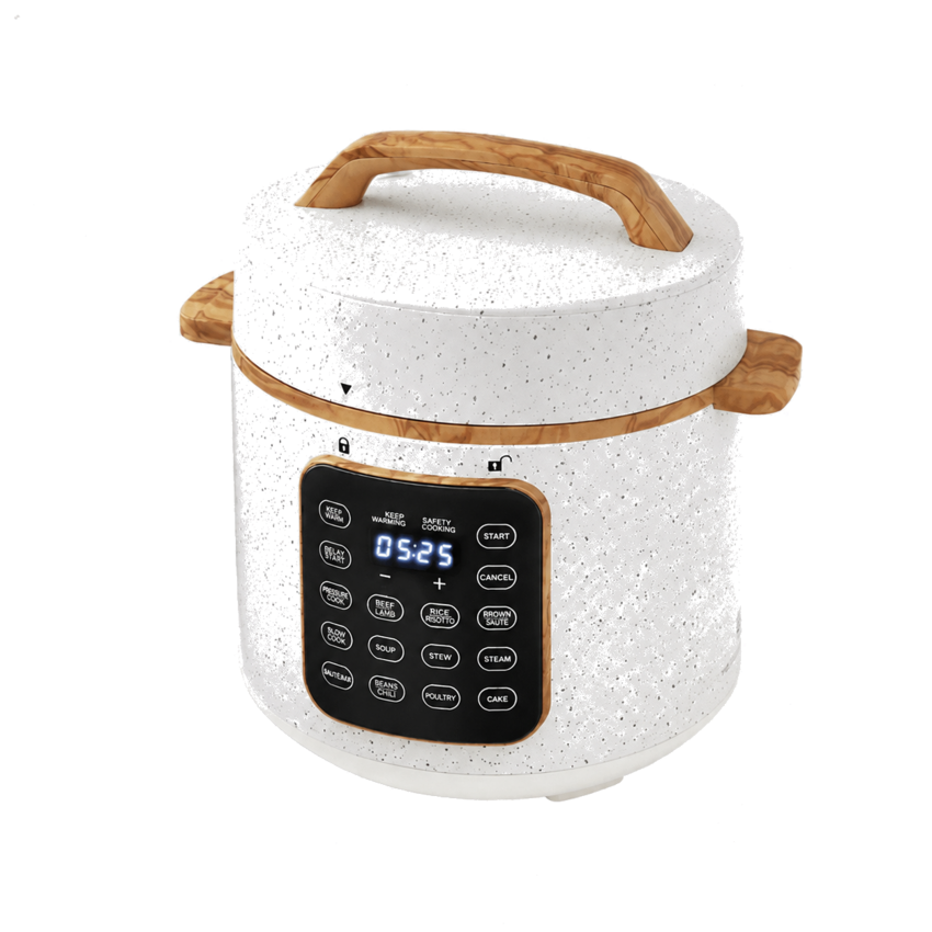 Neutral linen speckle six-quart pressure cooker with touch control display