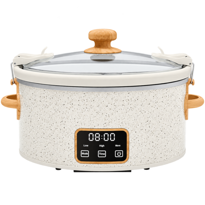 Neutral linen speckle six-quart portable slow cooker with glass lid