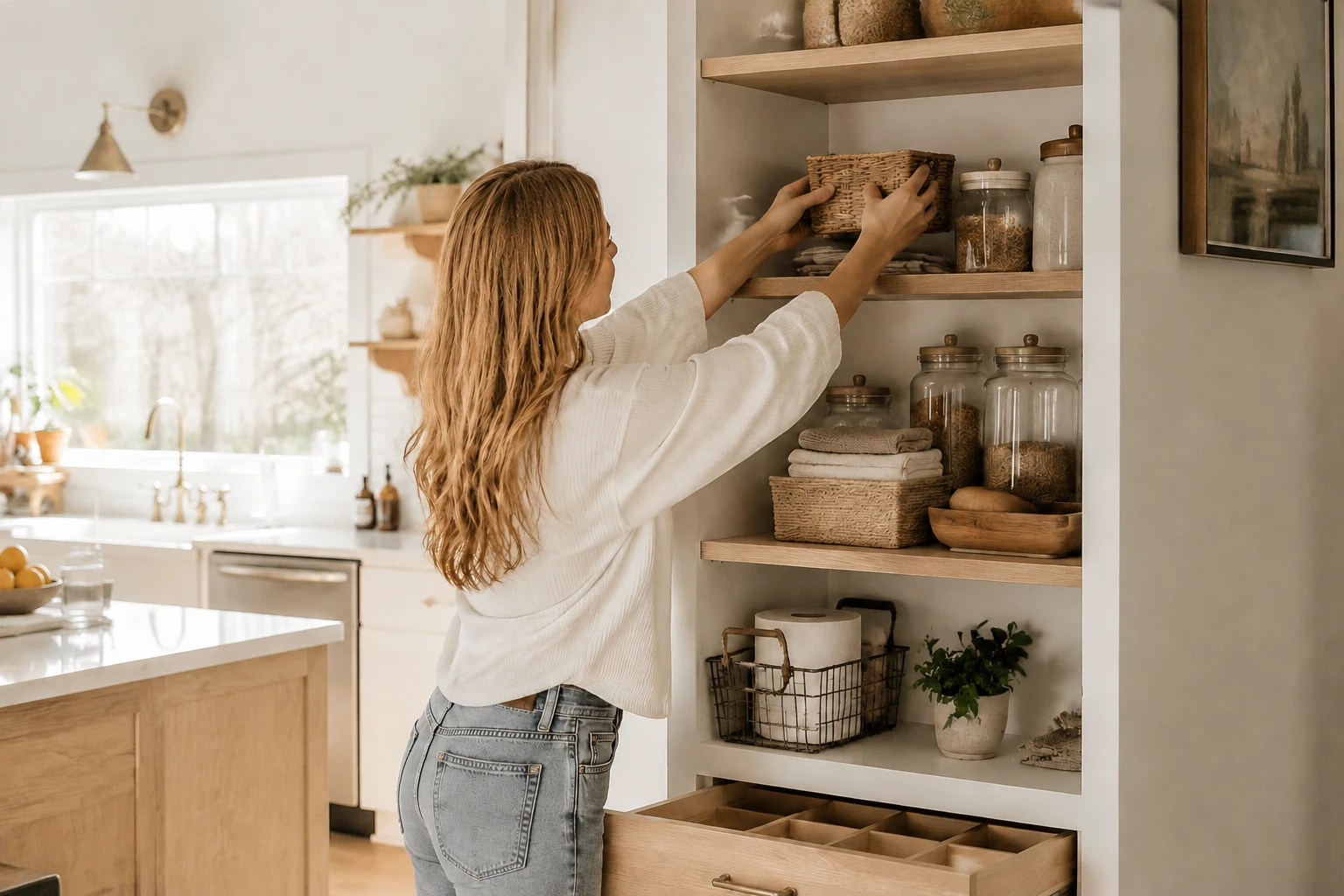Woman organizing everyday essentials in a bright, naturally styled kitchen pantry.