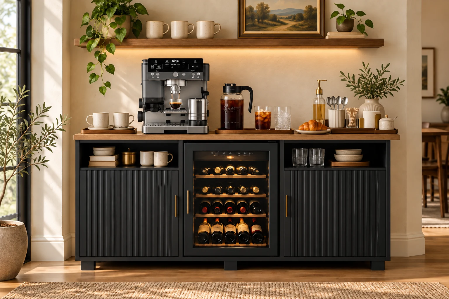 Coffee and beverage station with a black cabinet, coffee machine, cold-brew pitcher, mugs, and organized accessories.