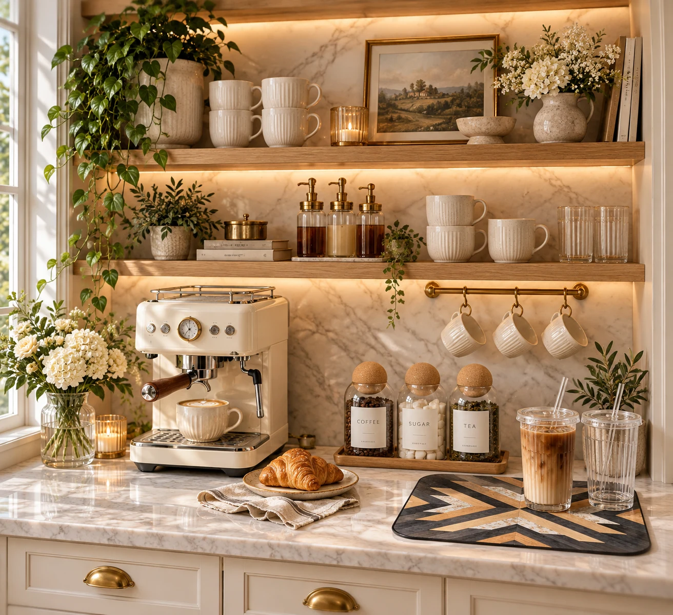 Cozy cream and natural wood coffee station.