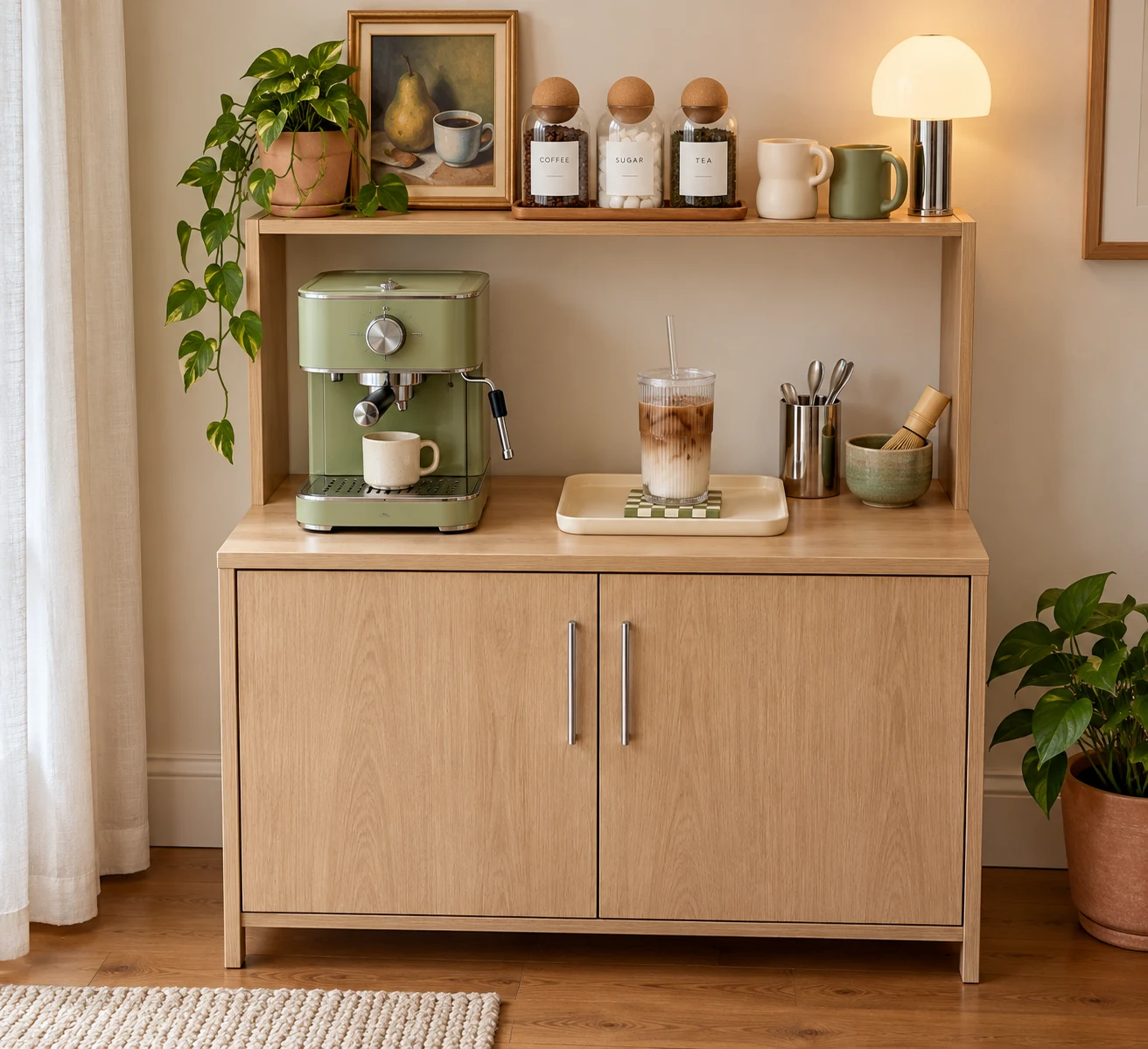 Small apartment coffee station with wood storage and green accents.