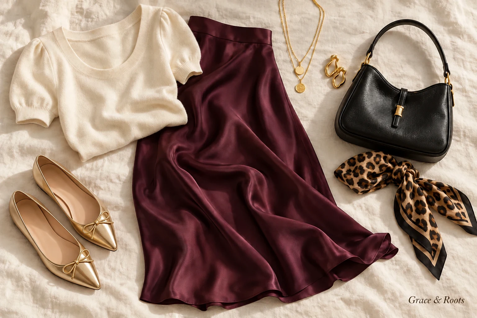 Plum satin skirt and ivory knit styled with metallic gold flats, a black bag, gold jewelry, and a leopard scarf.