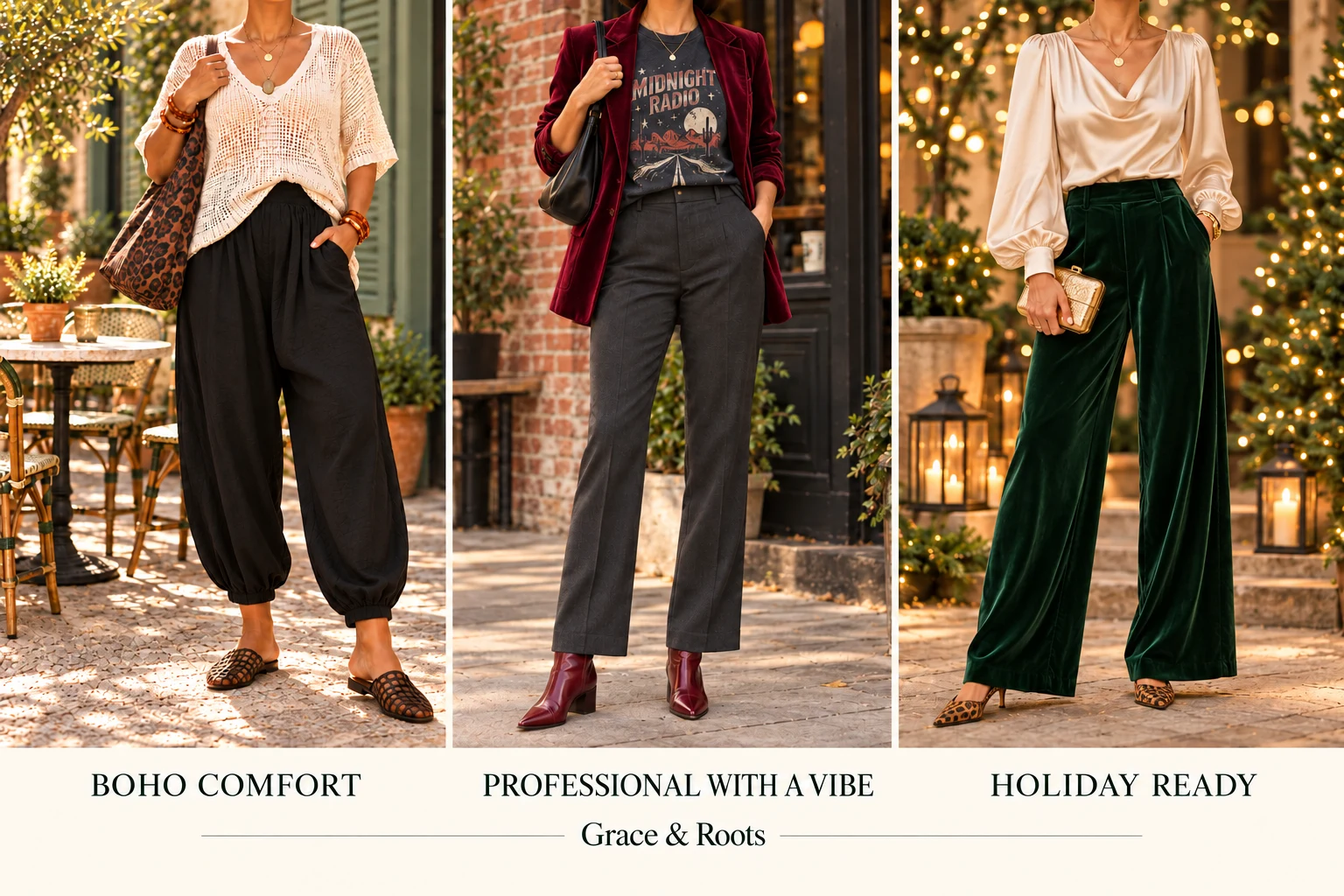 Boho comfort, a red blazer with a band tee and tailored trousers, and holiday attire with leopard shoes.