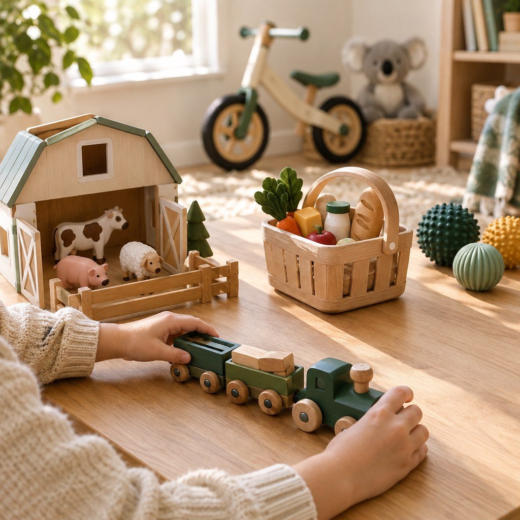 Illustrative assortment of movement, pretend-play, sensory, plush, and audio toy ideas for a 2026 Christmas gift guide.