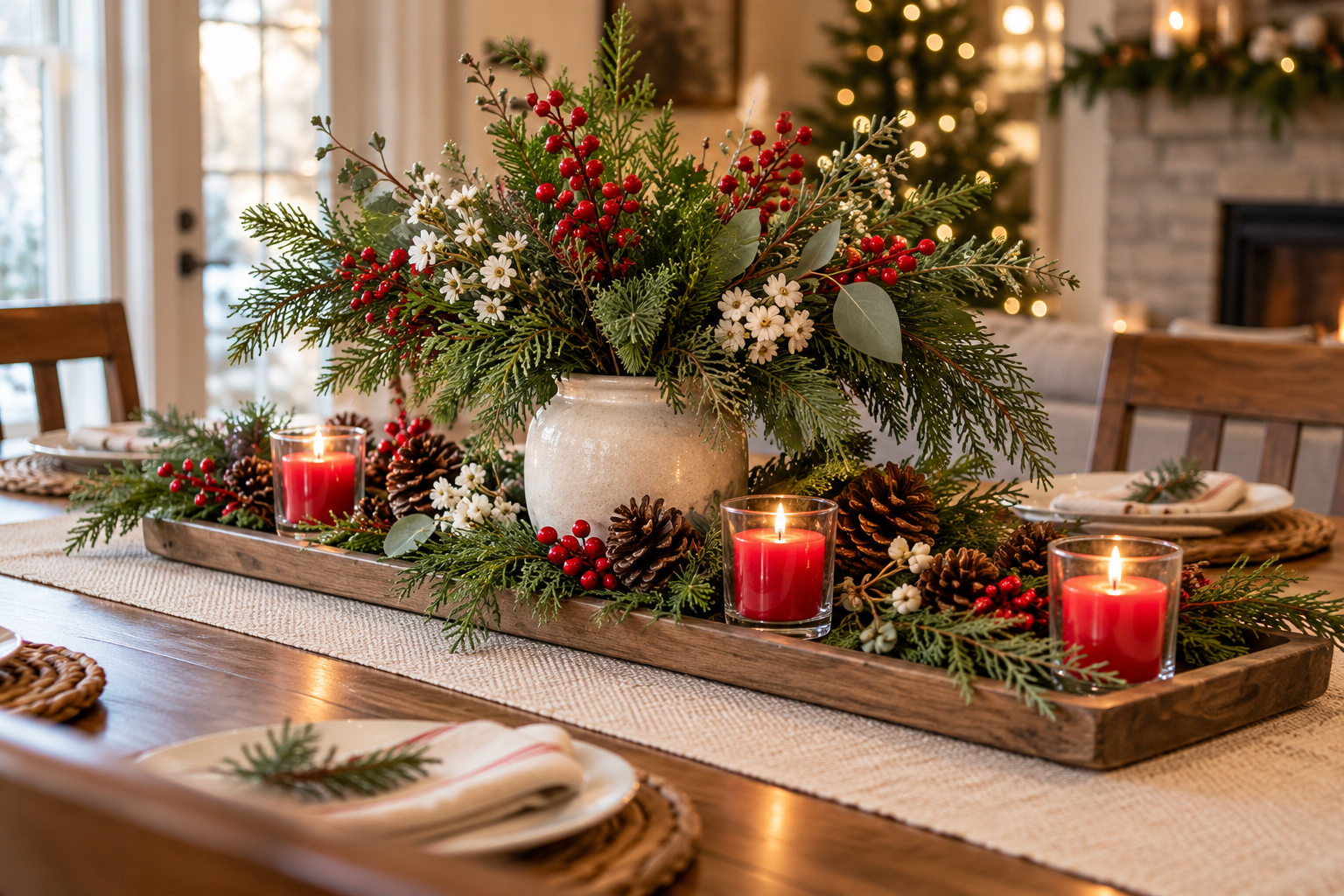 Christmas table centerpiece with evergreen branches, red berries and white flowers in a cream vase, with pinecones and red candles on a wooden tray.
