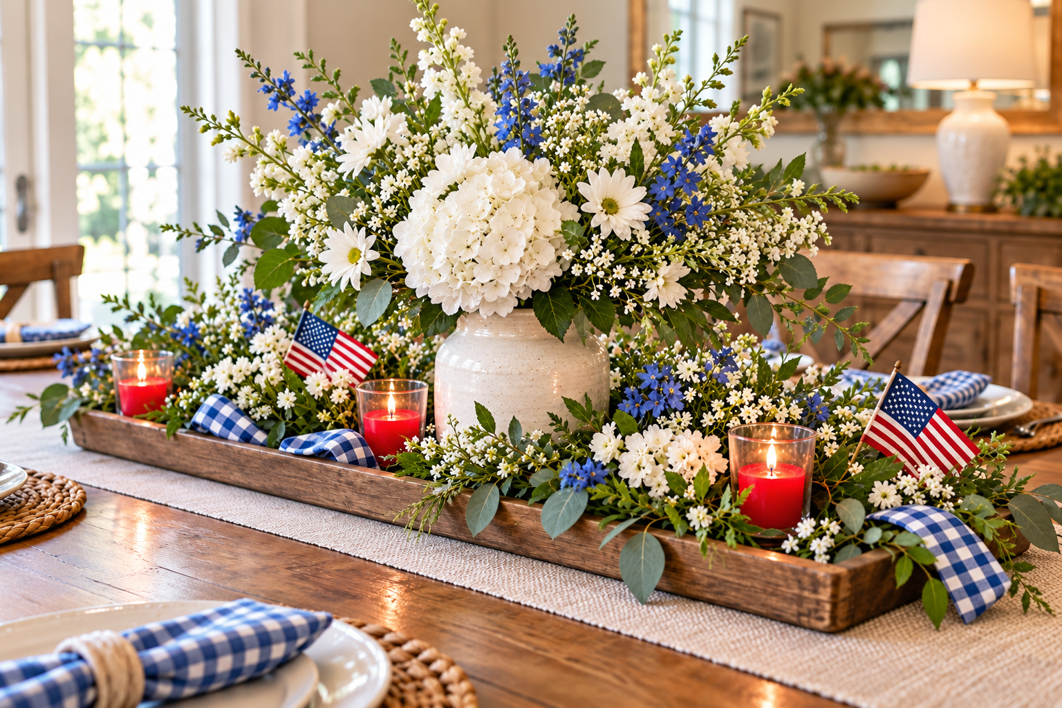 Red, white and blue summer centerpiece with white and blue flowers in a cream vase, red candles, small American flags and blue gingham ribbon on a wooden tray.