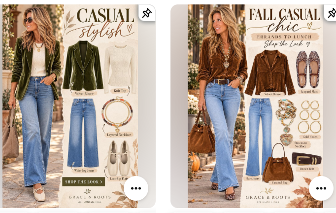 Grace and Roots fall outfit curations including a green velvet blazer with a cream top and wide-leg jeans