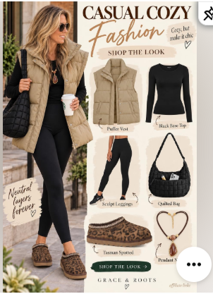 Cozy fall outfit with a neutral vest, black top, leggings, quilted bag, and spotted shoes