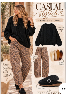 Black cable-knit sweater styled with leopard-print trousers and black clogs