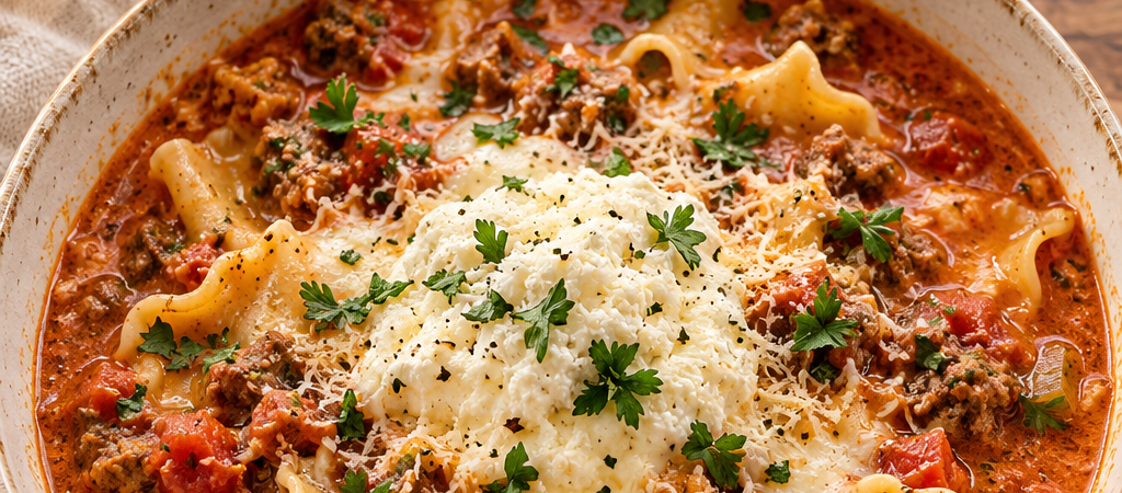 Lasagna Soup with Hot Italian Sausage, Ground Beef & Cheesy Ricotta