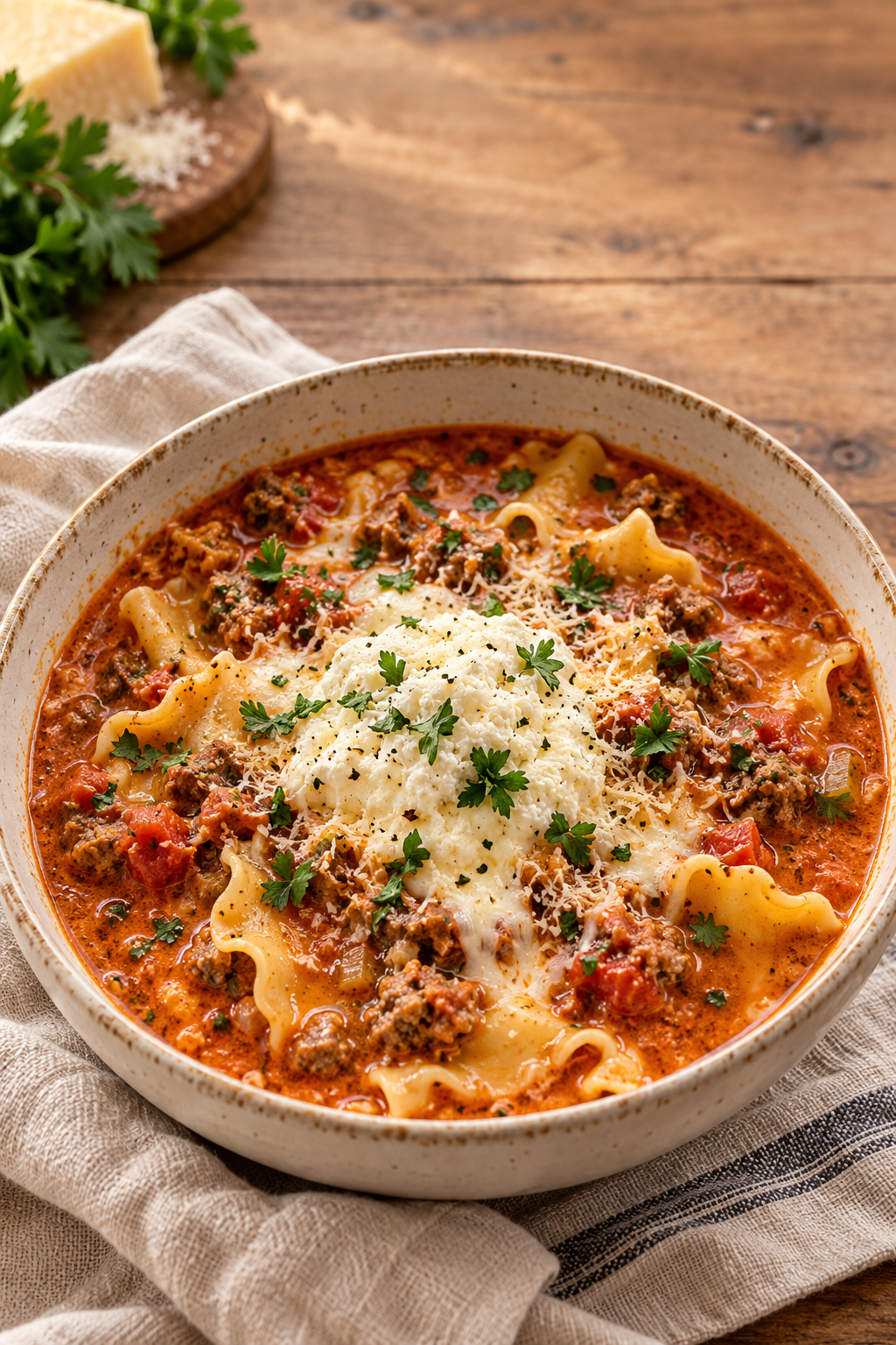 A bowl of creamy tomato lasagna soup with broken noodles, sausage, ground beef, and a scoop of cheesy ricotta.